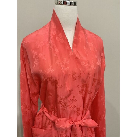 Vintage 50s Dynasty Hong Kong Silk Jacquard Peach Dressing Gown Robe Hostess Med - Picture 2 of 12